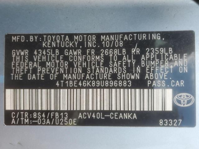 4T1BE46K89U896883 - 2009 TOYOTA CAMRY BASE BLUE photo 12