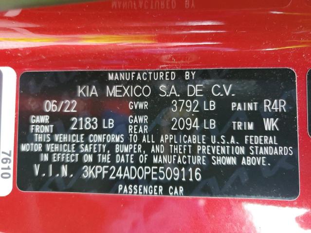 3KPF24AD0PE509116 - 2023 KIA FORTE LX RED photo 12