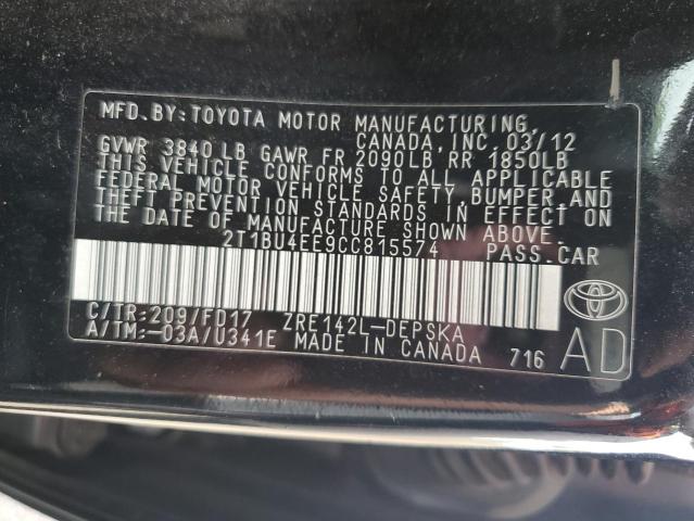 2T1BU4EE9CC815574 - 2012 TOYOTA COROLLA BASE BLACK photo 12