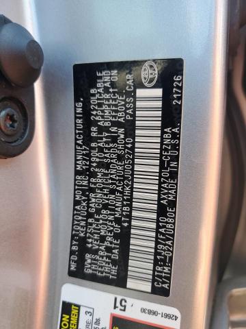 4T1B11HK2JU052740 - 2018 TOYOTA CAMRY L 银色 照片 12