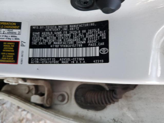 4T1BF1FK8CU157788 - 2012 TOYOTA CAMRY BASE WHITE photo 12