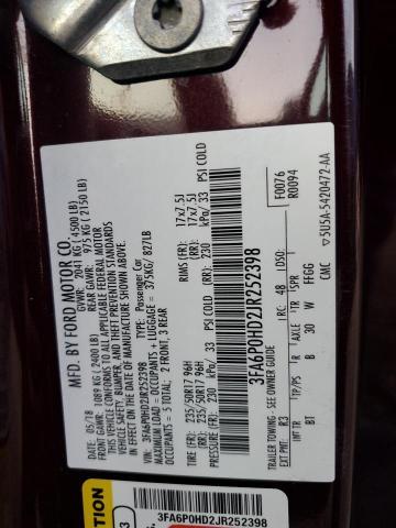 3FA6P0HD2JR252398 - 2018 FORD FUSION SE BURGUNDY photo 12