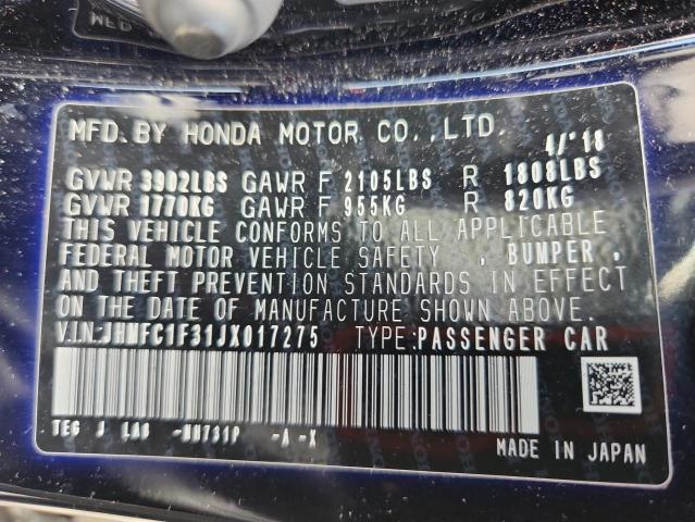 JHMFC1F31JX017275 - 2018 HONDA CIVIC EX BLACK photo 12