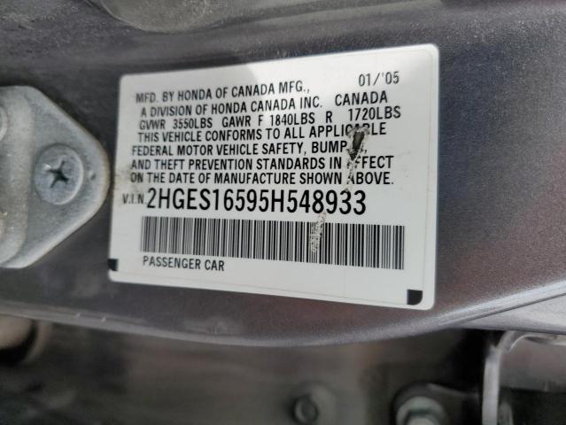 2HGES16595H548933 - 2005 HONDA CIVIC LX GRAY photo 13