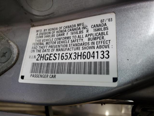 2HGES165X3H604133 - 2003 HONDA CIVIC LX SILVER photo 12