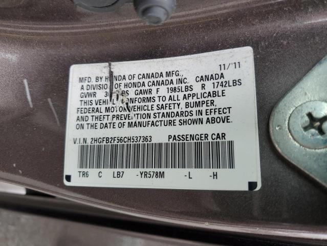 2HGFB2F56CH537363 - 2012 HONDA CIVIC LX GRAY photo 12