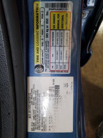 3FAHP0JA3AR312357 - 2010 FORD FUSION SEL BLUE photo 12