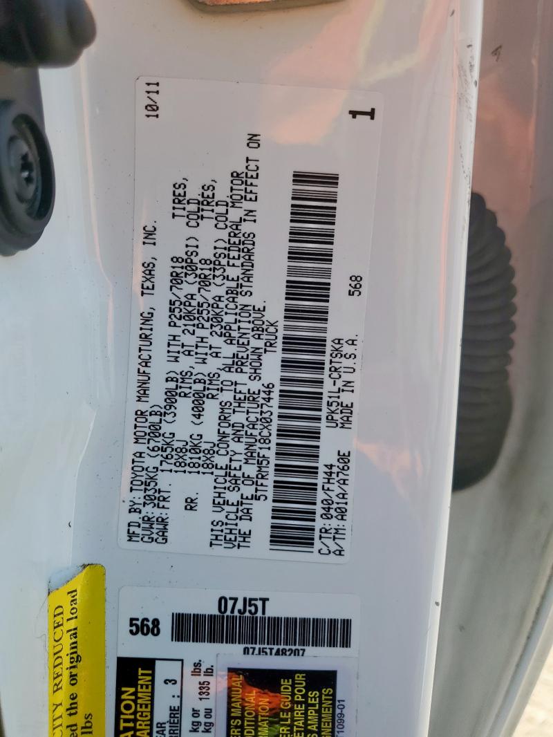 5TFRM5F18CX037446 - 2012 TOYOTA TUNDRA DOUBLE CAB SR5 WHITE photo 12