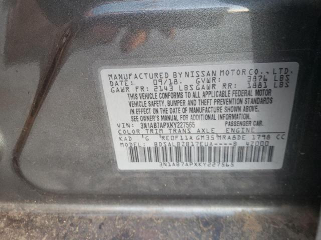 3N1AB7APXKY227565 - 2019 NISSAN SENTRA S GRAY photo 12