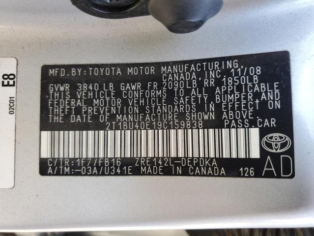 2T1BU40E19C159838 - 2009 TOYOTA COROLLA BASE 银色 照片 12