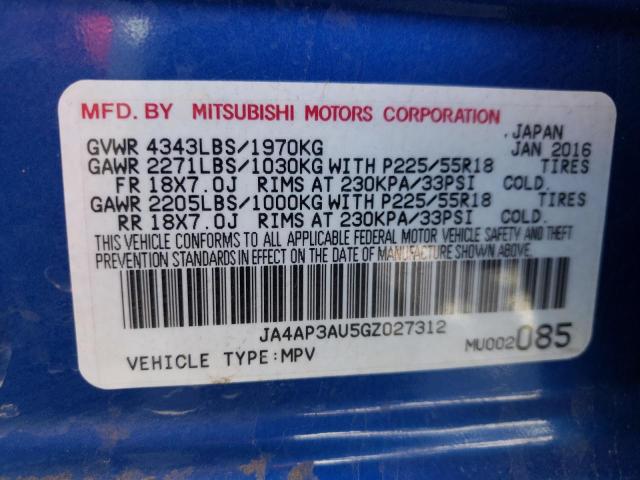 JA4AP3AU5GZ027312 - 2016 MITSUBISHI OUTLANDER ES BLUE photo 13