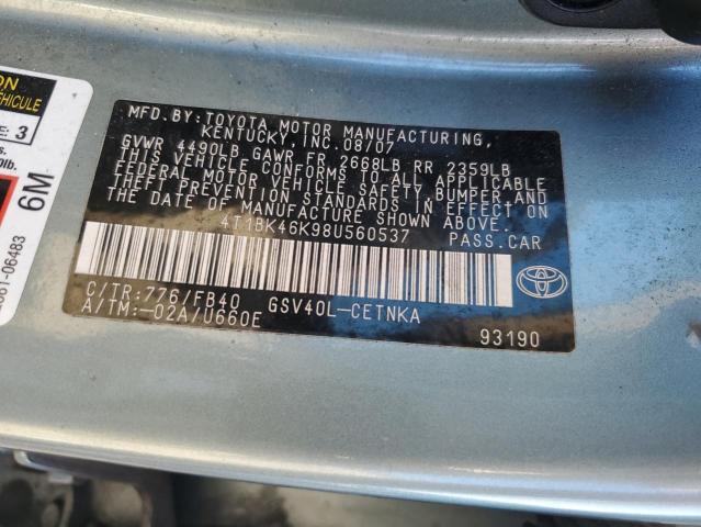 4T1BK46K98U560537 - 2008 TOYOTA CAMRY LE TEAL photo 12