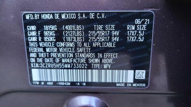 3CZRU5H55MM733022 - 2021 HONDA HR-V EX PURPLE photo 10