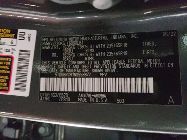 5TDGBRCH1NS558877 - 2022 TOYOTA HIGHLANDER HYBRID XLE BLACK photo 13