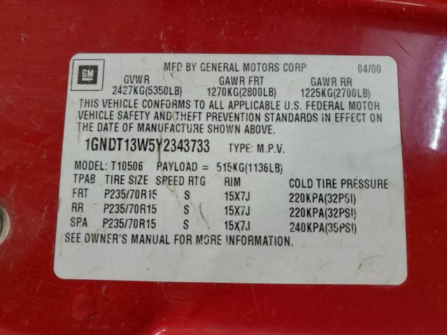 1GNDT13W5Y2343733 - 2000 CHEVROLET BLAZER RED photo 14