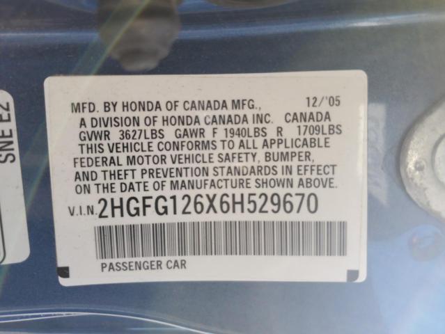 2HGFG126X6H529670 - 2006 HONDA CIVIC LX ლურჯი ფოტო 12