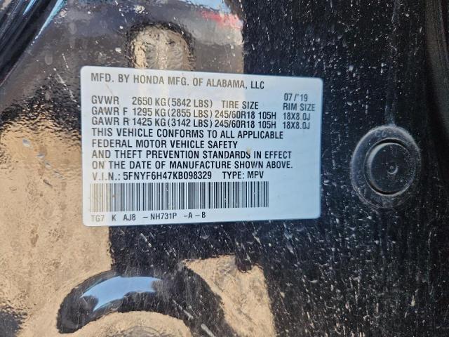 5FNYF6H47KB098329 - 2019 HONDA PILOT EXL 黑色 照片 12