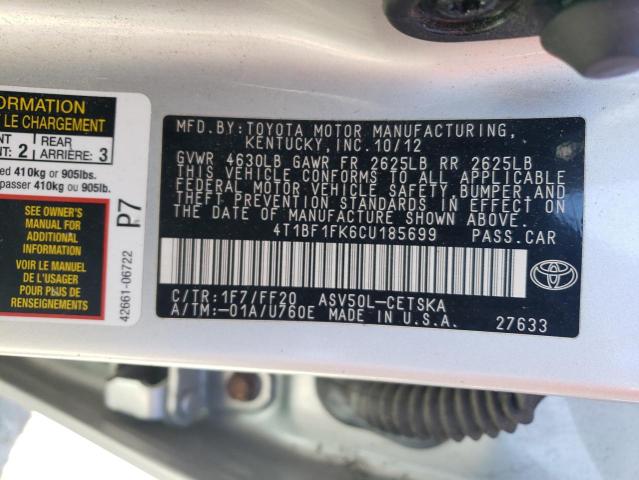 4T1BF1FK6CU185699 - 2012 TOYOTA CAMRY BASE SILVER photo 13