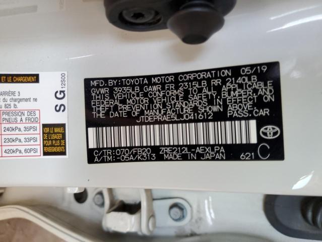 JTDEPRAE5LJ041612 - 2020 TOYOTA COROLLA LE WHITE photo 12