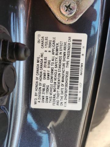 2HGFB2F59DH579530 - 2013 HONDA CIVIC LX Մոխրագույն լուսանկար 12