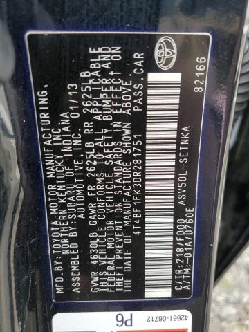 4T4BF1FK3DR281751 - 2013 TOYOTA CAMRY L BLACK photo 12