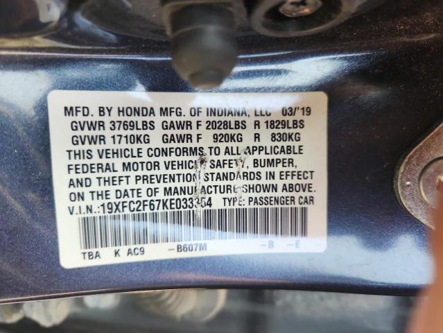 19XFC2F67KE033354 - 2019 HONDA CIVIC LX BLUE photo 12