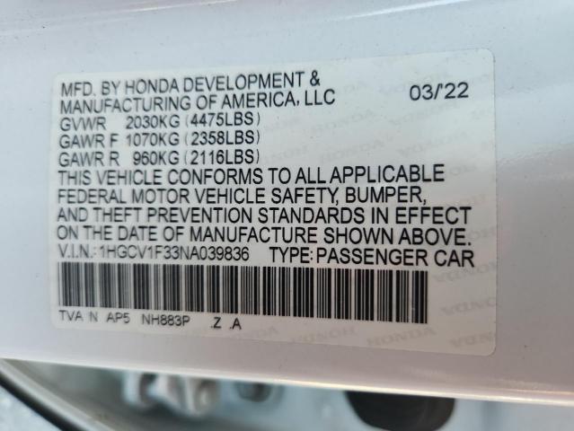 1HGCV1F33NA039836 - 2022 HONDA ACCORD SPORT თეთრი ფოტო 12