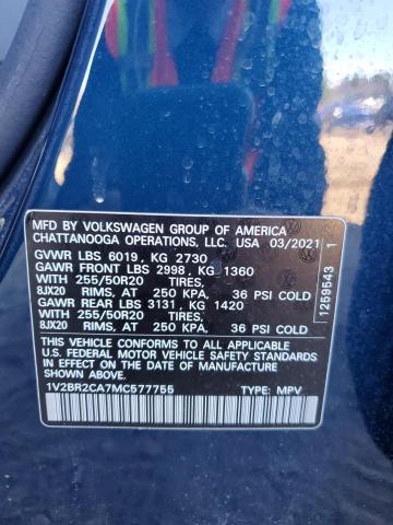 1V2BR2CA7MC577755 - 2021 VOLKSWAGEN ATLAS SEL BLUE photo 13