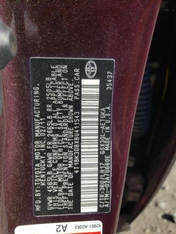 4T1BK3DBXBU411543 - 2011 TOYOTA AVALON BASE BURGUNDY photo 13