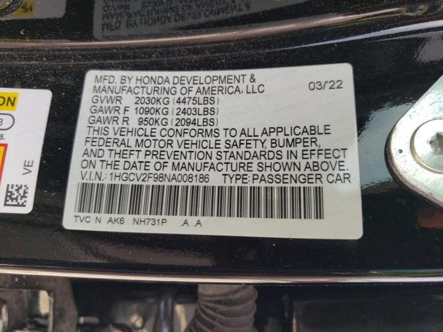 1HGCV2F98NA008186 - 2022 HONDA ACCORD TOURING 黑色 照片 12