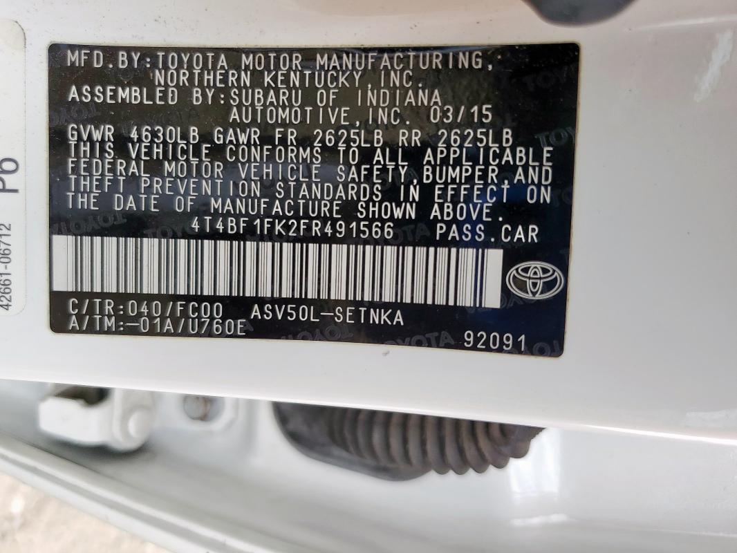 4T4BF1FK2FR491566 - 2015 TOYOTA CAMRY LE Ақ фото 12