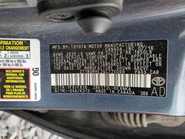 2T1BURHE3GC720068 - 2016 TOYOTA COROLLA L BLUE photo 13