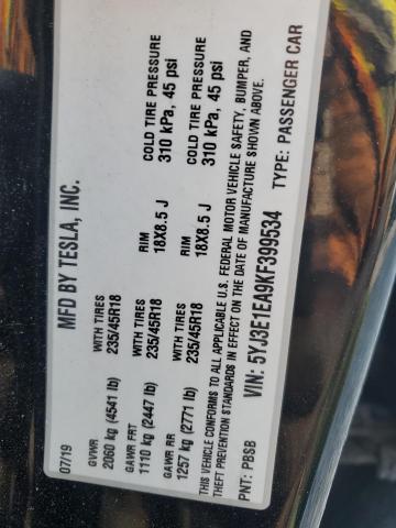 5YJ3E1EA9KF399534 - 2019 TESLA MODEL 3 Черный фото 12