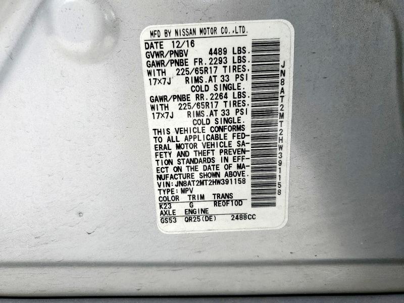 JN8AT2MT2HW391158 - 2017 NISSAN ROGUE S ვერცხლისფერი ფოტო 13