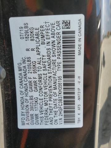 2HGFC3B37KH356195 - 2019 HONDA CIVIC EX BLACK photo 13