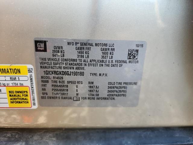 1GNKRGKD6GJ190180 - 2016 CHEVROLET TRAVERSE LT 金色 照片 12