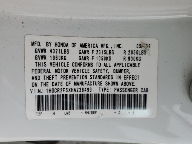 1HGCR2F5XHA236499 - 2017 HONDA ACCORD SPORT Blanco foto 12
