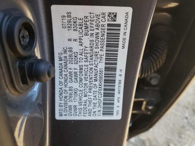 2HGFC2F6XKH580561 - 2019 HONDA CIVIC LX GRAY photo 12