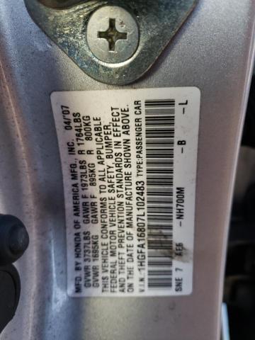 1HGFA16807L102483 - 2007 HONDA CIVIC EX SILVER photo 13