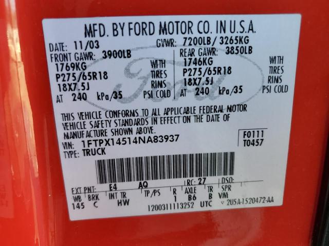 1FTPX14514NA83937 - 2004 FORD F150 RED photo 12