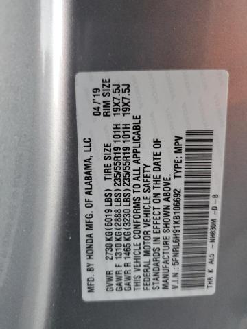 5FNRL6H91KB106692 - 2019 HONDA ODYSSEY ELITE Plata foto 13