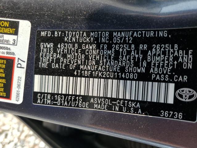 4T1BF1FK2CU114080 - 2012 TOYOTA CAMRY BASE Сұр фото 12