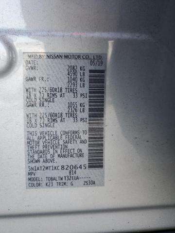 5N1AT2MT1KC820645 - 2019 NISSAN ROGUE S 银色 照片 12