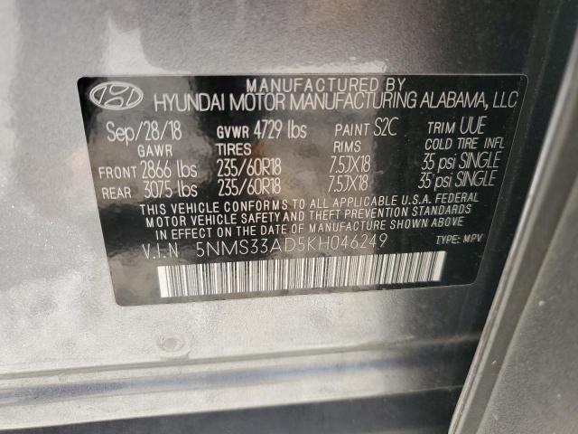 5NMS33AD5KH046249 - 2019 HYUNDAI SANTA FE SEL GRAY photo 13