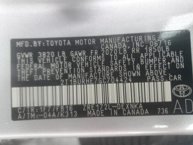 2T1BURHE7GC704424 - 2016 TOYOTA COROLLA L SILVER photo 12