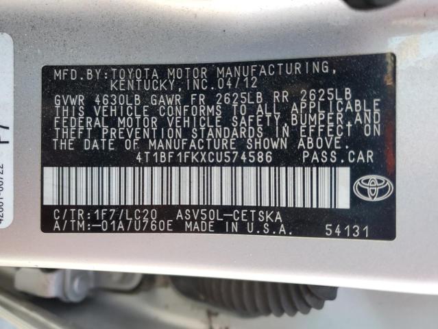 4T1BF1FKXCU574586 - 2012 TOYOTA CAMRY BASE SILVER photo 12