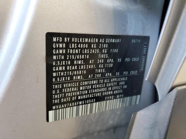 WVGAV7AX6FW510543 - 2015 VOLKSWAGEN TIGUAN S SILVER photo 13