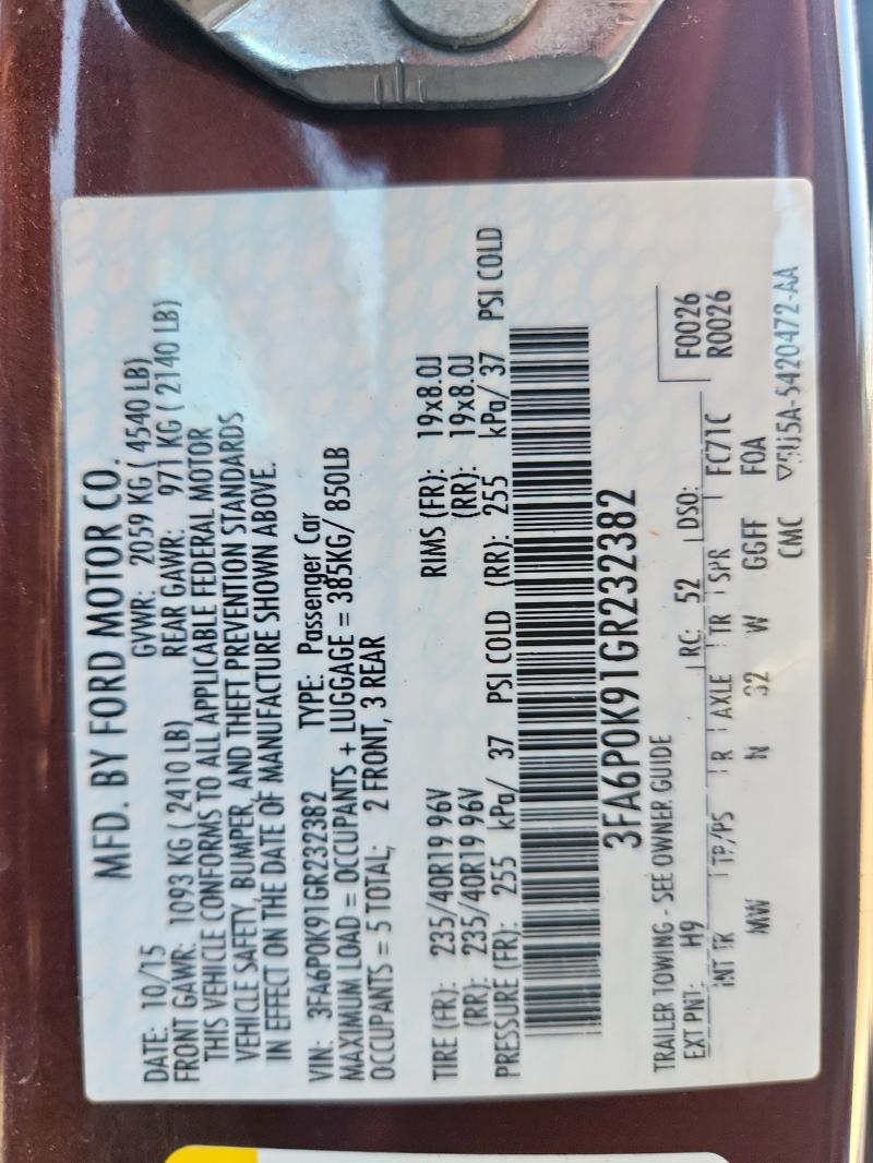 3FA6P0K91GR232382 - 2016 FORD FUSION TITANIUM 栗色 照片 12