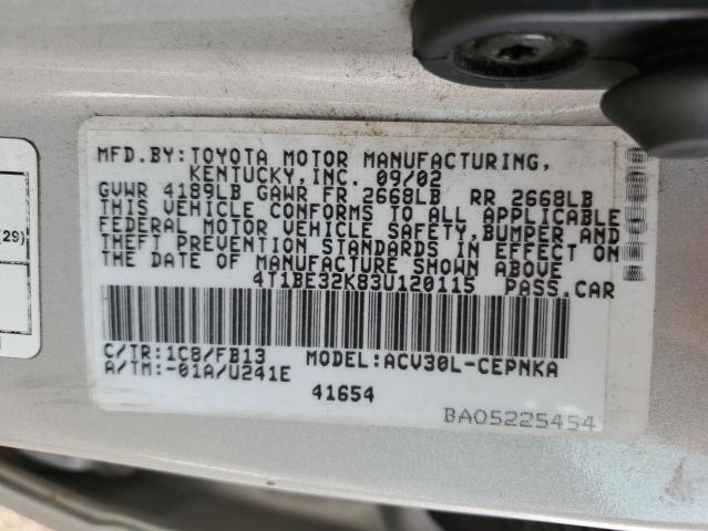 4T1BE32K83U120115 - 2003 TOYOTA CAMRY LE SILVER photo 12