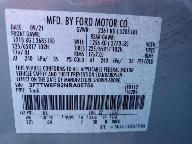 3FTTW8F92NRA05756 - 2022 FORD MAVERICK XL GRAY photo 12